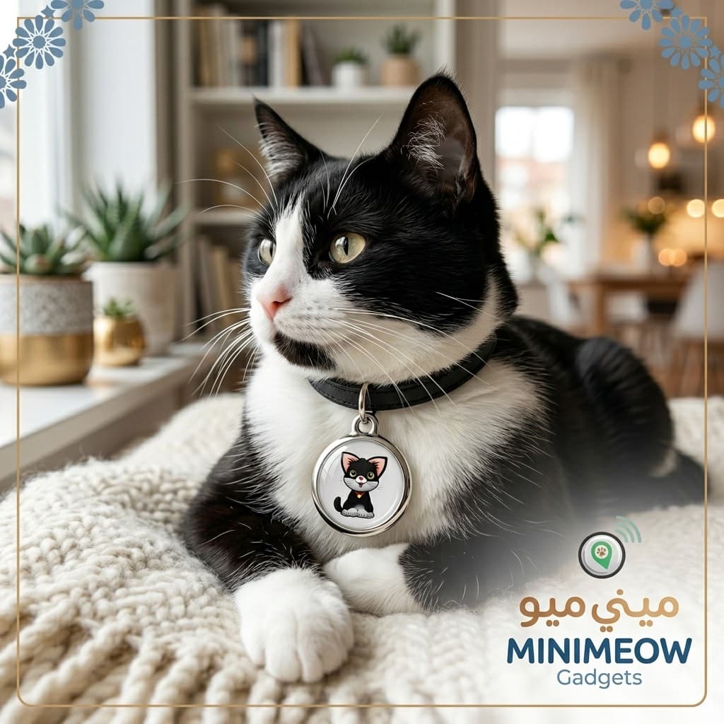 Chat avec médaillon GPS MiniMeow sur collier, intérieur lumineux